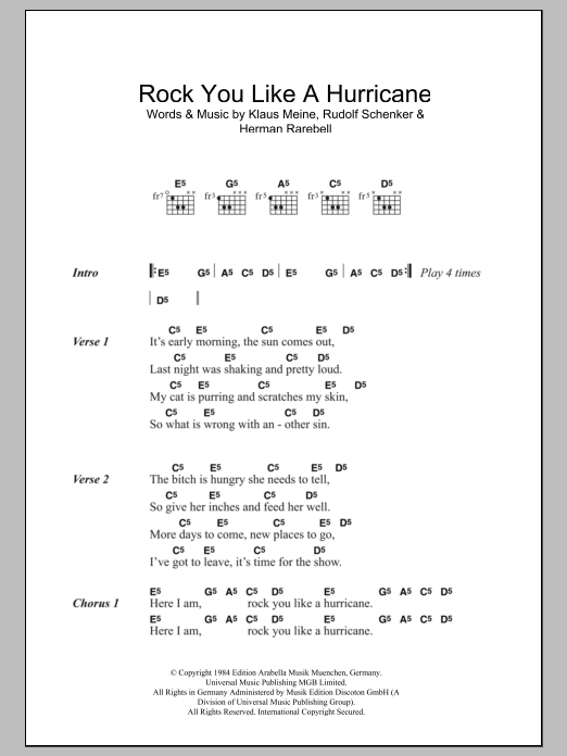 The Scorpions Rock You Like A Hurricane Sheet Music Notes & Chords for Lyrics & Chords - Download or Print PDF