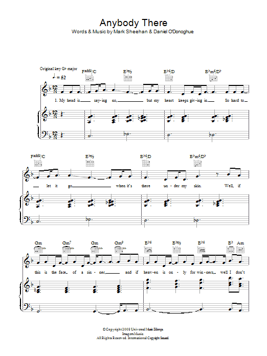 The Script Anybody There Sheet Music Notes & Chords for Piano, Vocal & Guitar - Download or Print PDF