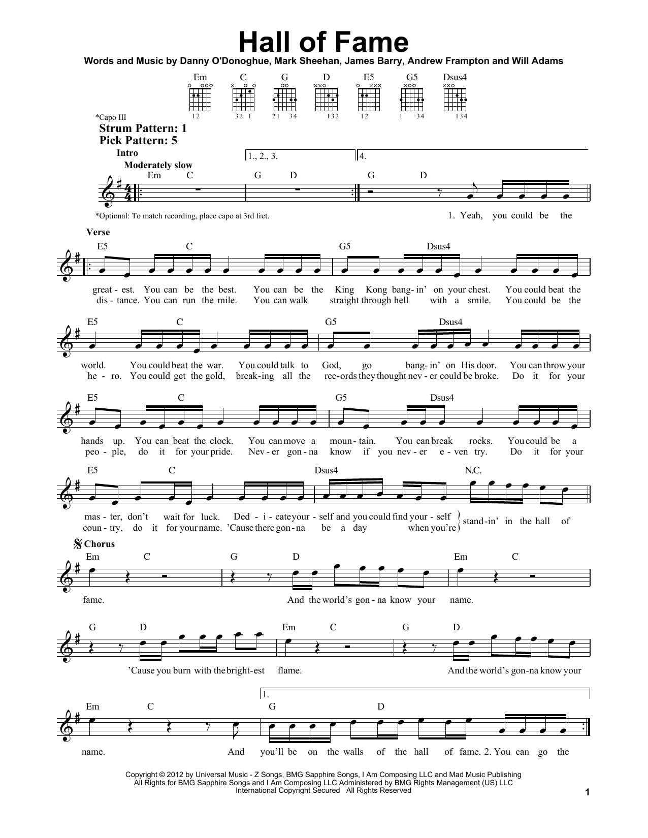 The Script feat. Will.I.Am Hall Of Fame Sheet Music Notes & Chords for Easy Guitar - Download or Print PDF