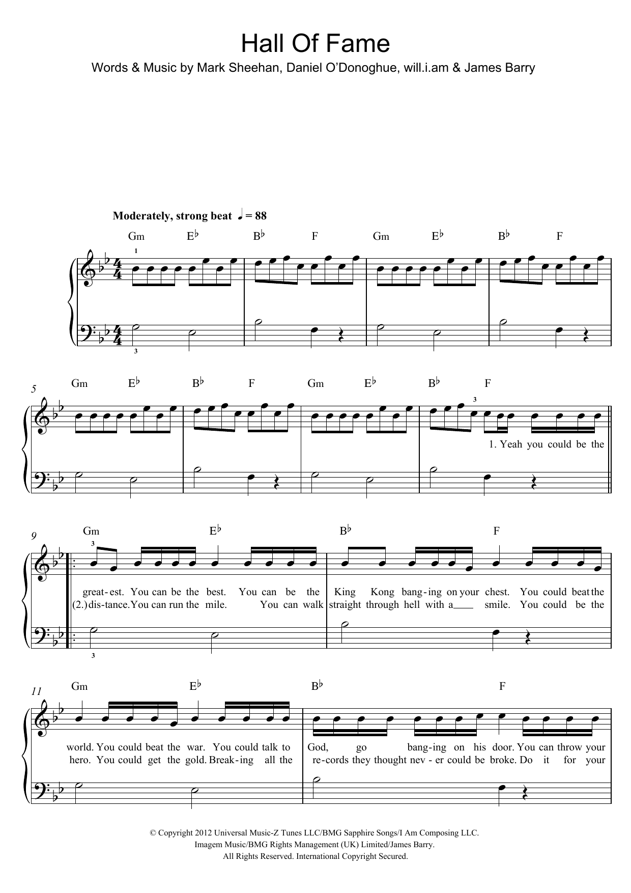 The Script Hall Of Fame (feat. will.i.am) Sheet Music Notes & Chords for Easy Piano - Download or Print PDF