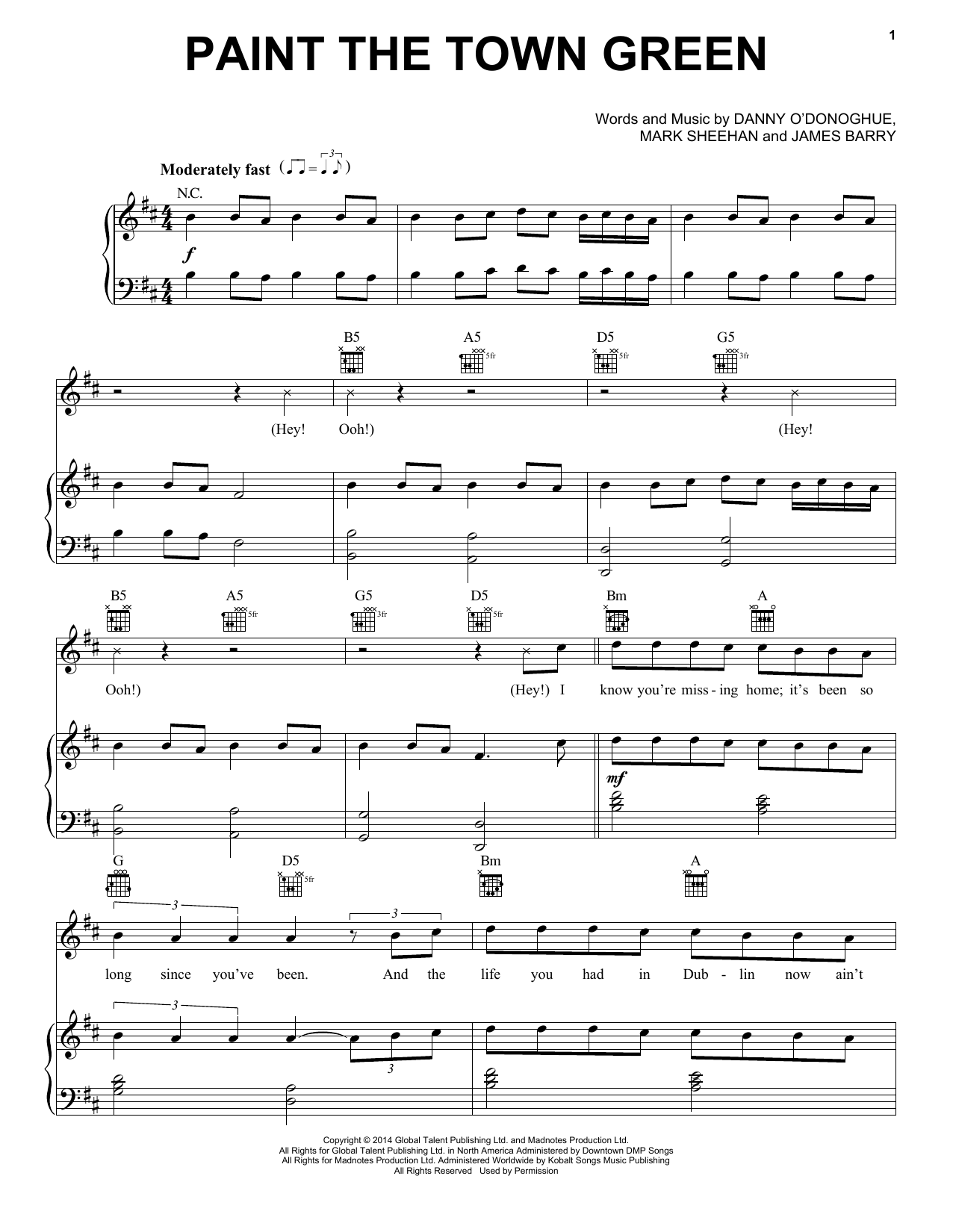 The Script Paint The Town Green Sheet Music Notes & Chords for Piano, Vocal & Guitar (Right-Hand Melody) - Download or Print PDF