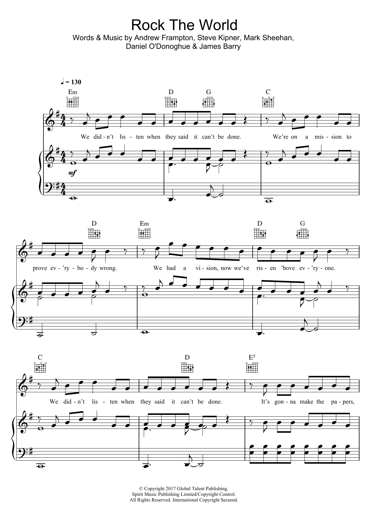 The Script Rock The World Sheet Music Notes & Chords for Piano, Vocal & Guitar (Right-Hand Melody) - Download or Print PDF