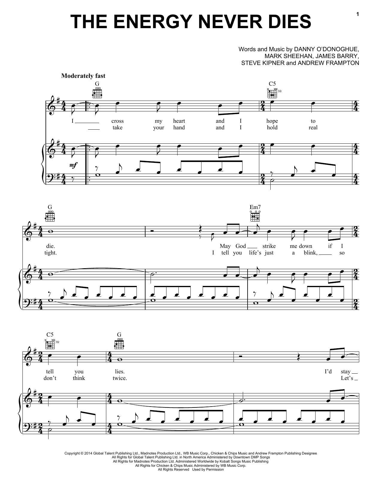 The Script The Energy Never Dies Sheet Music Notes & Chords for Piano, Vocal & Guitar (Right-Hand Melody) - Download or Print PDF
