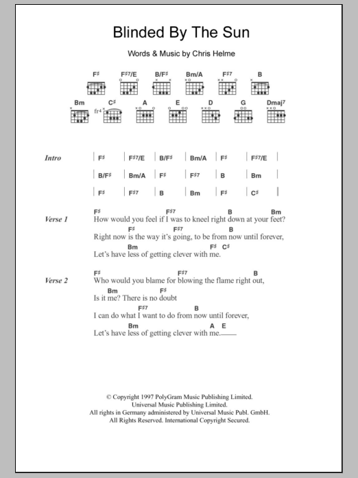 The Seahorses Blinded By The Sun Sheet Music Notes & Chords for Guitar Tab - Download or Print PDF