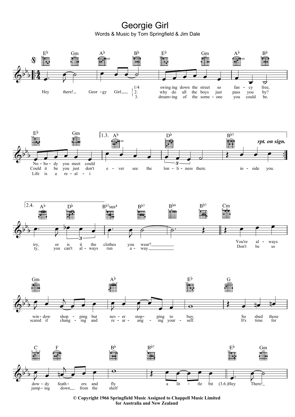 The Seekers Georgie Girl Sheet Music Notes & Chords for Melody Line, Lyrics & Chords - Download or Print PDF