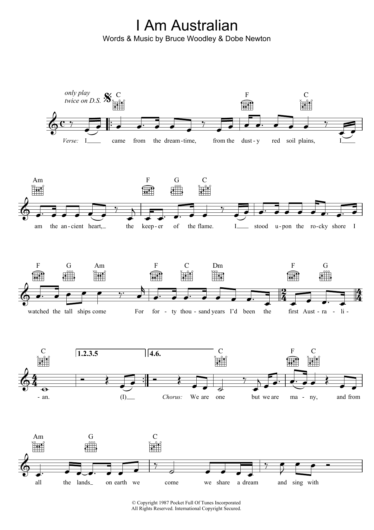 The Seekers I Am Australian Sheet Music Notes & Chords for Melody Line, Lyrics & Chords - Download or Print PDF