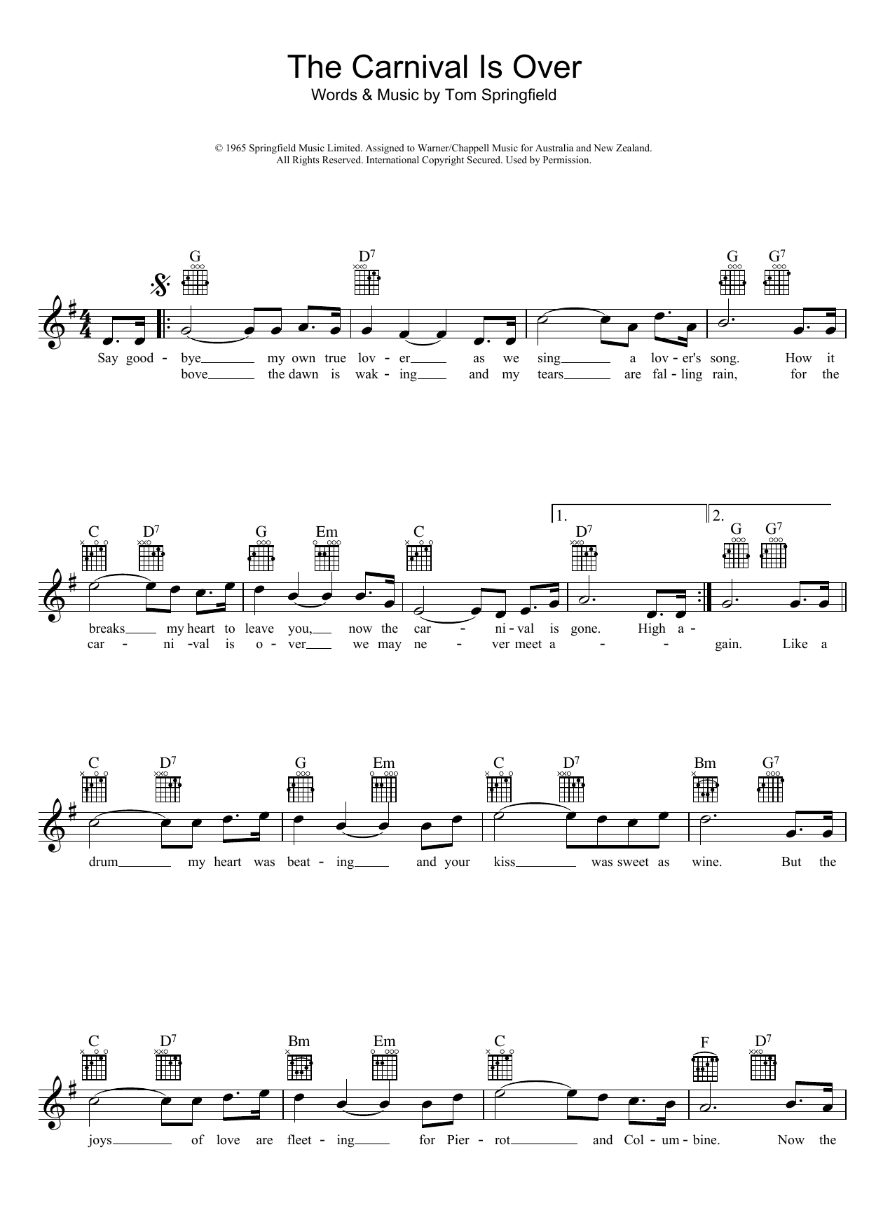 The Seekers The Carnival Is Over Sheet Music Notes & Chords for Melody Line, Lyrics & Chords - Download or Print PDF