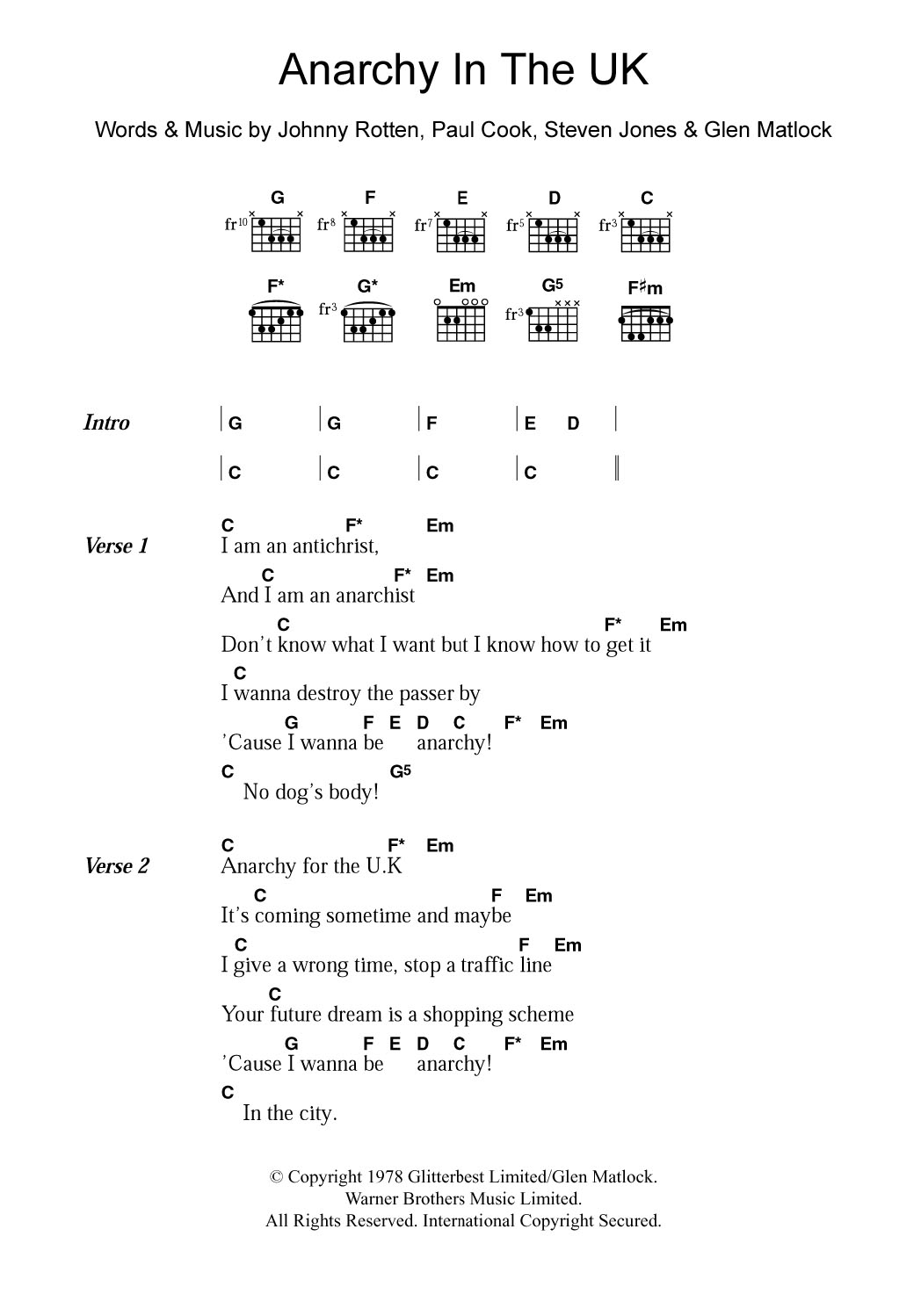 The Sex Pistols Anarchy In The UK Sheet Music Notes & Chords for Guitar Chords/Lyrics - Download or Print PDF