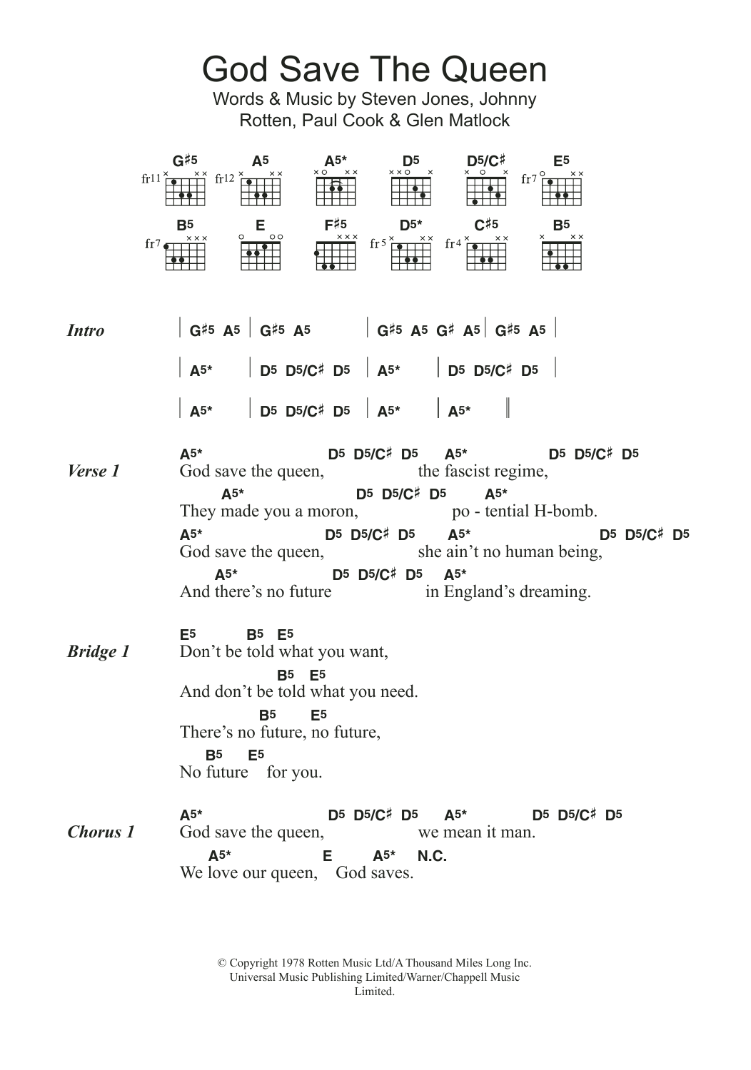 The Sex Pistols God Save The Queen Sheet Music Notes & Chords for Lyrics & Chords - Download or Print PDF