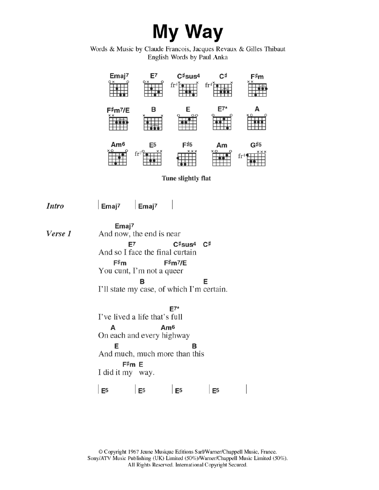 The Sex Pistols My Way Sheet Music Notes & Chords for Guitar Chords/Lyrics - Download or Print PDF