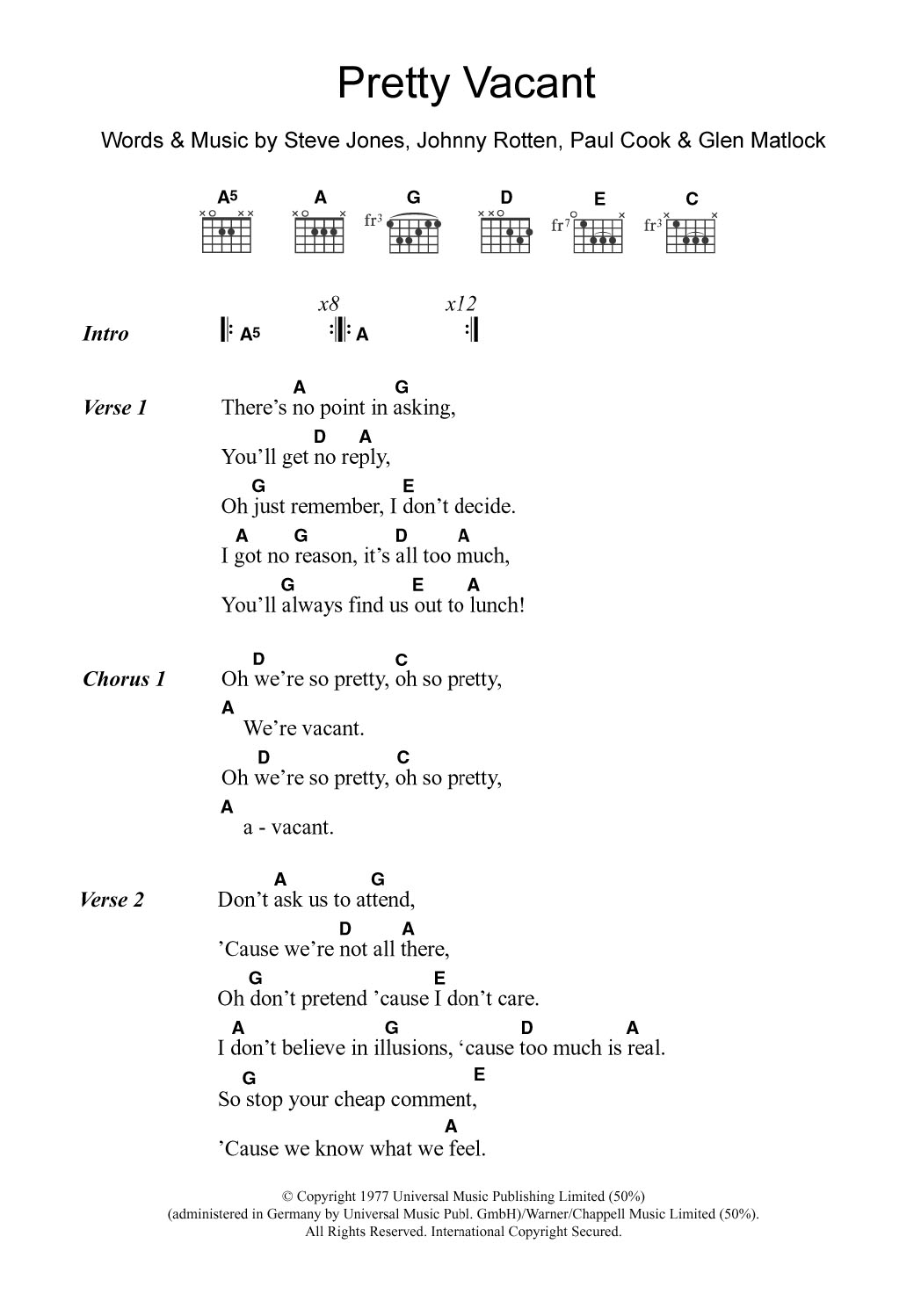 The Sex Pistols Pretty Vacant Sheet Music Notes & Chords for Lyrics & Chords - Download or Print PDF