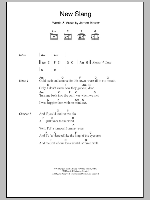 The Shins New Slang Sheet Music Notes & Chords for Lyrics & Chords - Download or Print PDF