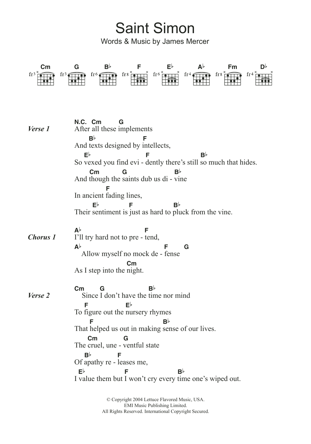 The Shins Saint Simon Sheet Music Notes & Chords for Lyrics & Chords - Download or Print PDF