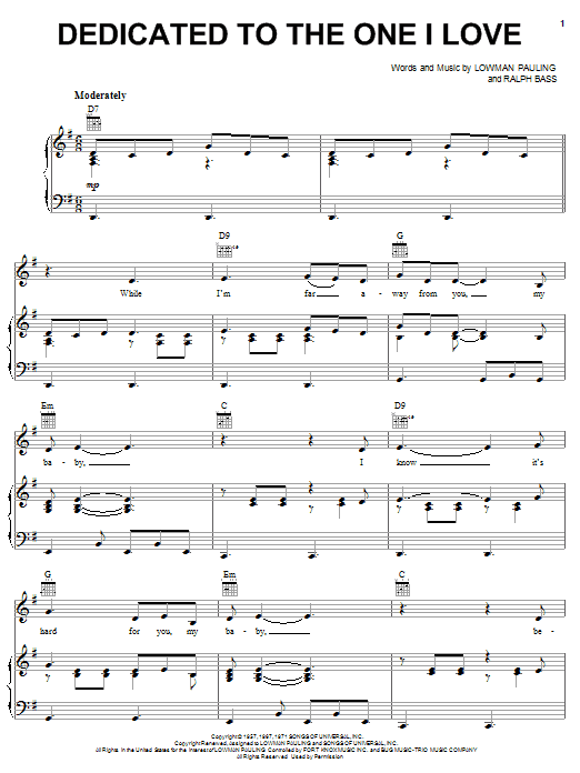 The Shirelles Dedicated To The One I Love Sheet Music Notes & Chords for Piano, Vocal & Guitar (Right-Hand Melody) - Download or Print PDF