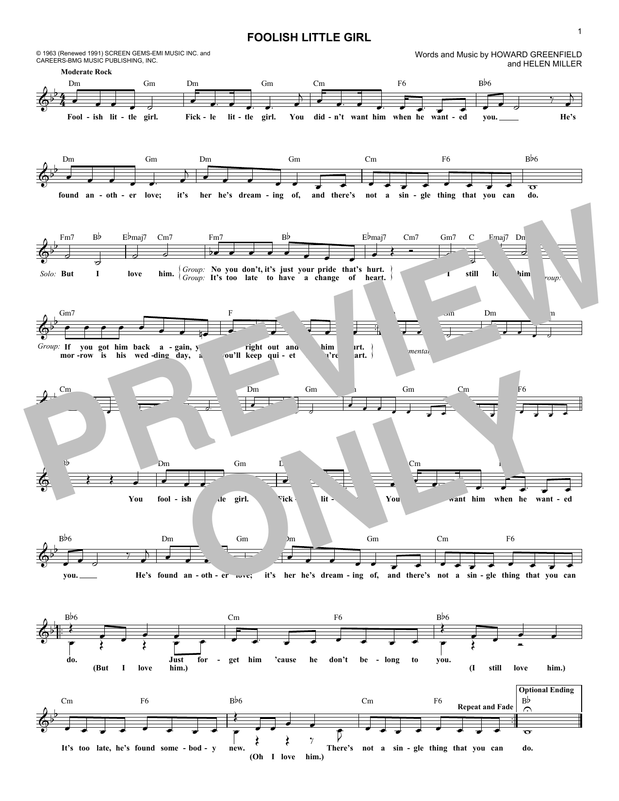 The Shirelles Foolish Little Girl Sheet Music Notes & Chords for Melody Line, Lyrics & Chords - Download or Print PDF