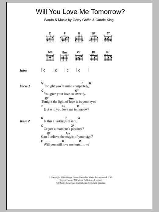 The Shirelles Will You Love Me Tomorrow Sheet Music Notes & Chords for Lyrics & Chords - Download or Print PDF