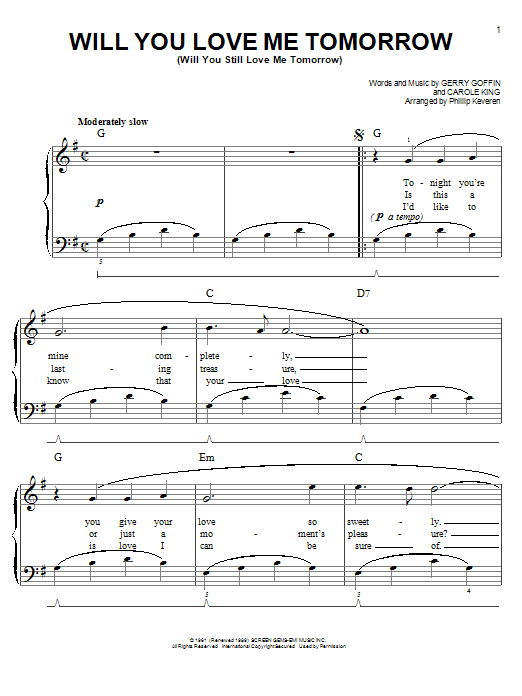 The Shirelles Will You Love Me Tomorrow (Will You Still Love Me Tomorrow) Sheet Music Notes & Chords for Easy Piano - Download or Print PDF