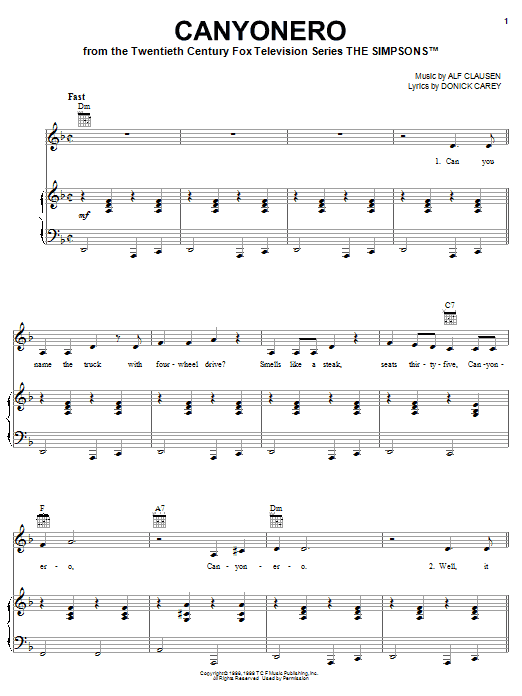 The Simpsons Canyonero Sheet Music Notes & Chords for Piano, Vocal & Guitar (Right-Hand Melody) - Download or Print PDF