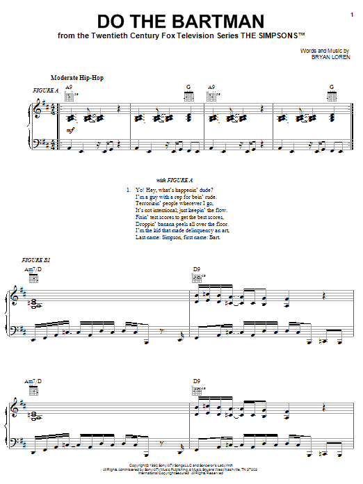 The Simpsons Do The Bartman Sheet Music Notes & Chords for Piano, Vocal & Guitar (Right-Hand Melody) - Download or Print PDF