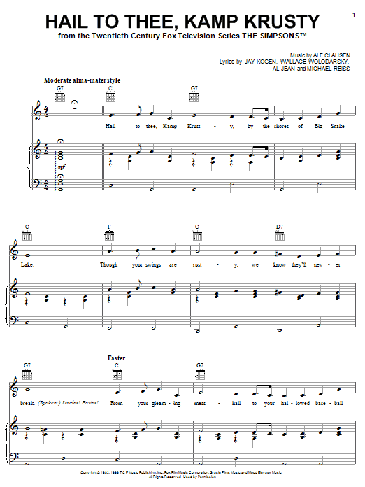 The Simpsons Hail To Thee, Kamp Krusty Sheet Music Notes & Chords for Piano, Vocal & Guitar (Right-Hand Melody) - Download or Print PDF