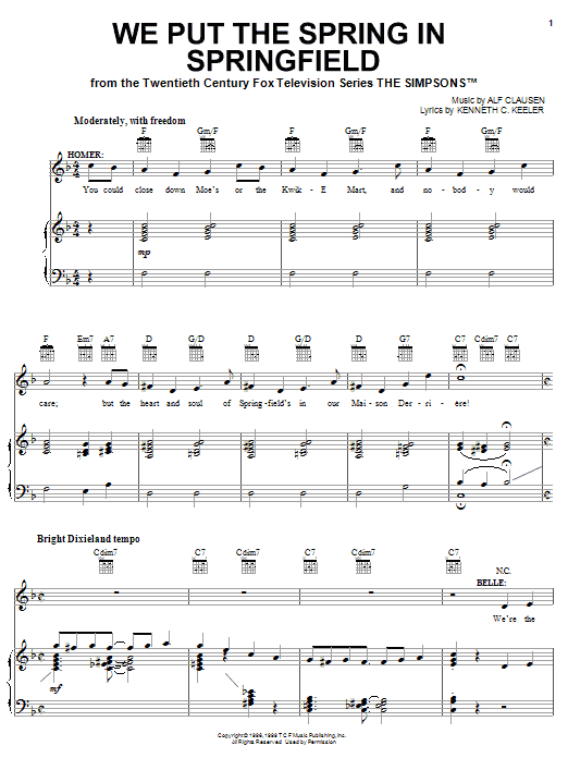 The Simpsons We Put The Spring In Springfield Sheet Music Notes & Chords for Piano, Vocal & Guitar (Right-Hand Melody) - Download or Print PDF