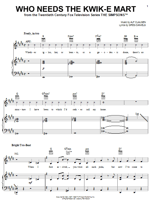The Simpsons Who Needs The Kwik-E Mart Sheet Music Notes & Chords for Piano, Vocal & Guitar (Right-Hand Melody) - Download or Print PDF
