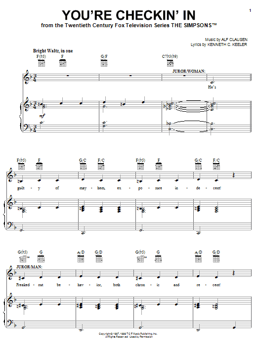 The Simpsons You're Checkin' In Sheet Music Notes & Chords for Piano, Vocal & Guitar (Right-Hand Melody) - Download or Print PDF