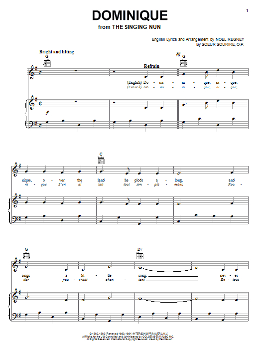 The Singing Nun Dominique Sheet Music Notes & Chords for Piano, Vocal & Guitar (Right-Hand Melody) - Download or Print PDF
