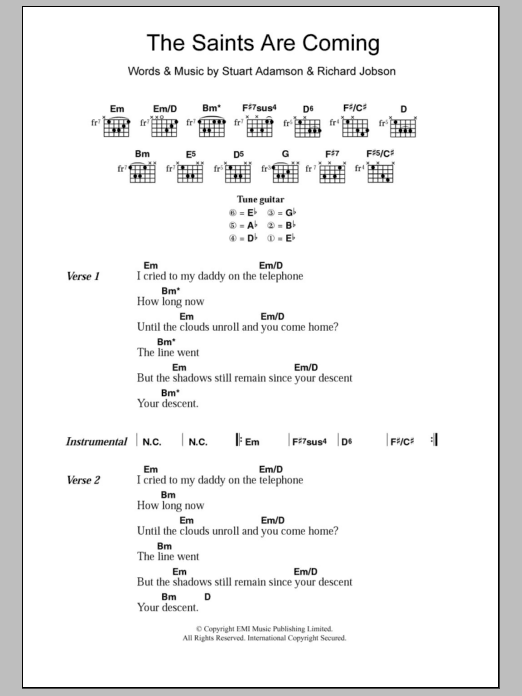 The Skids The Saints Are Coming Sheet Music Notes & Chords for Lyrics & Chords - Download or Print PDF The Skids The Saints Are Coming Sheet Music Notes & Chords for Lyrics & Chords - Download or Print PDF