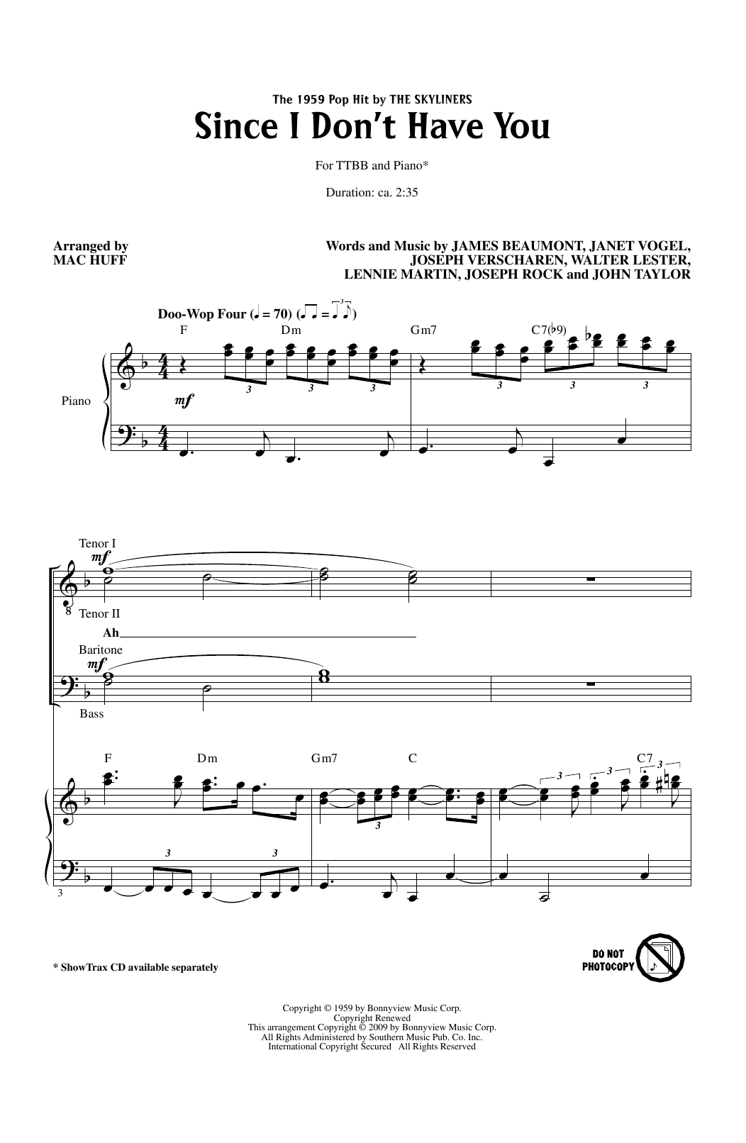 The Skyliners Since I Don't Have You (arr. Mac Huff) Sheet Music Notes & Chords for TTBB Choir - Download or Print PDF