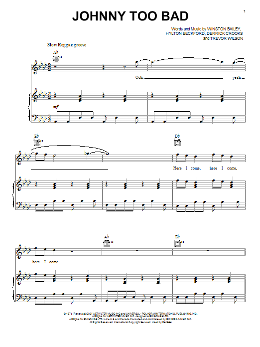 The Slickers Johnny Too Bad Sheet Music Notes & Chords for Piano, Vocal & Guitar (Right-Hand Melody) - Download or Print PDF