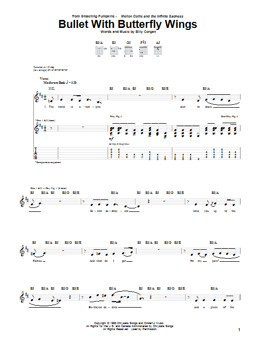 The Smashing Pumpkins Bullet With Butterfly Wings Sheet Music Notes & Chords for Piano, Vocal & Guitar (Right-Hand Melody) - Download or Print PDF
