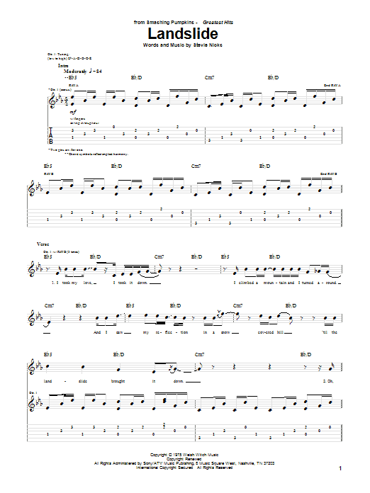 The Smashing Pumpkins Landslide Sheet Music Notes & Chords for Guitar Tab - Download or Print PDF