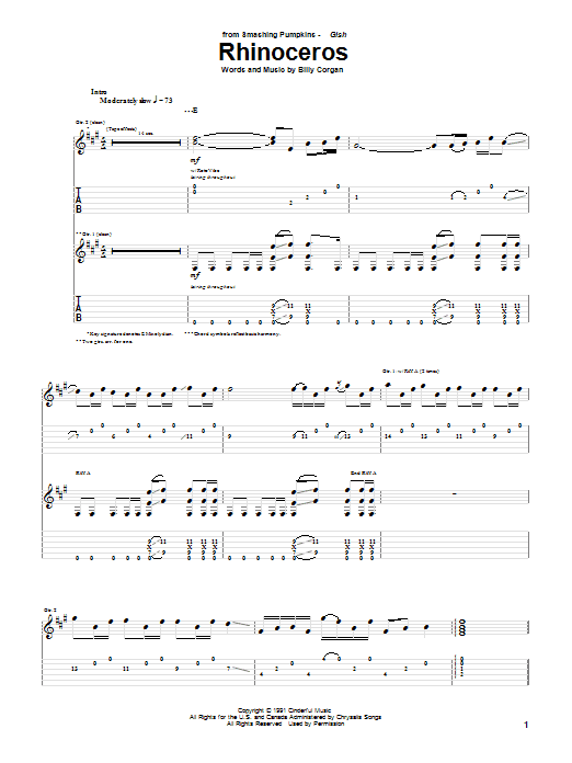 The Smashing Pumpkins Rhinoceros Sheet Music Notes & Chords for Guitar Tab - Download or Print PDF