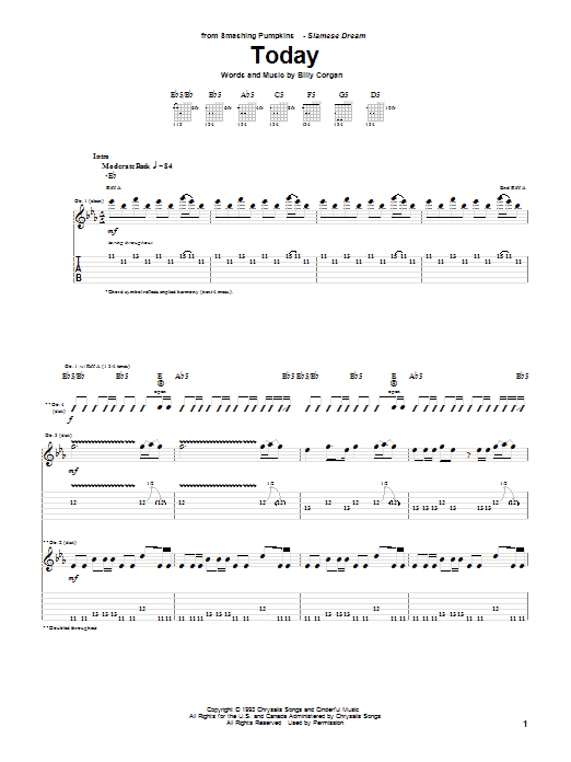 The Smashing Pumpkins Today Sheet Music Notes & Chords for Guitar Tab - Download or Print PDF