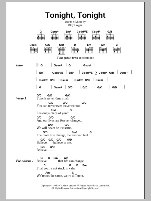 The Smashing Pumpkins Tonight, Tonight Sheet Music Notes & Chords for Lyrics & Chords - Download or Print PDF