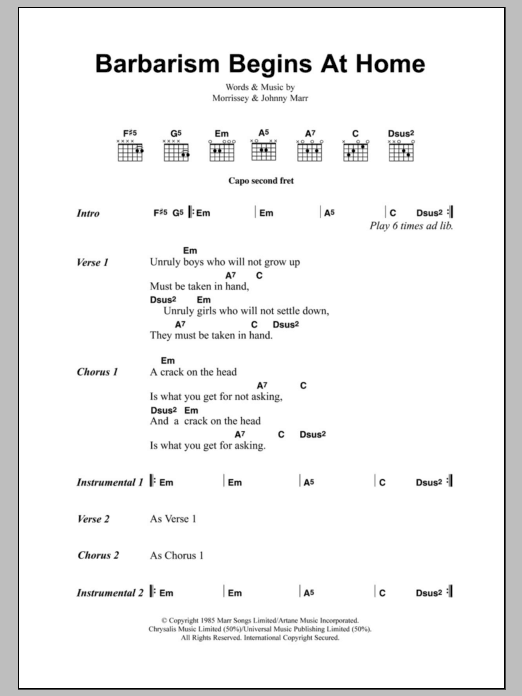 The Smiths Barbarism Begins At Home Sheet Music Notes & Chords for Lyrics & Chords - Download or Print PDF