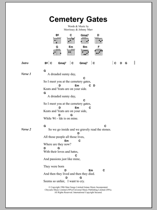 The Smiths Cemetry Gates Sheet Music Notes & Chords for Lyrics & Chords - Download or Print PDF