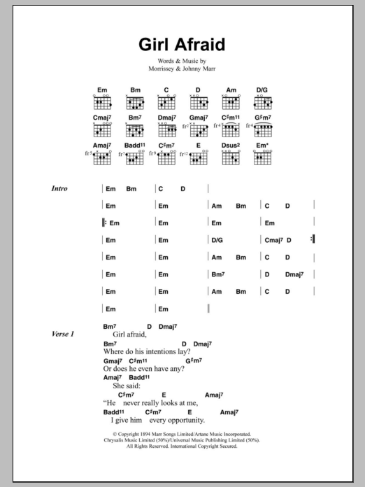 The Smiths Girl Afraid Sheet Music Notes & Chords for Lyrics & Chords - Download or Print PDF