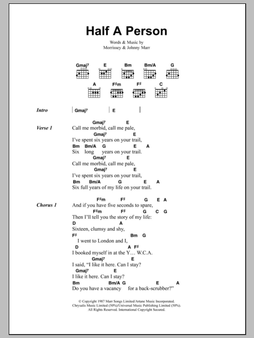 The Smiths Half A Person Sheet Music Notes & Chords for Lyrics & Chords - Download or Print PDF