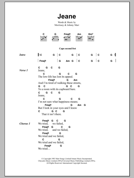 The Smiths Jeane Sheet Music Notes & Chords for Lyrics & Chords - Download or Print PDF