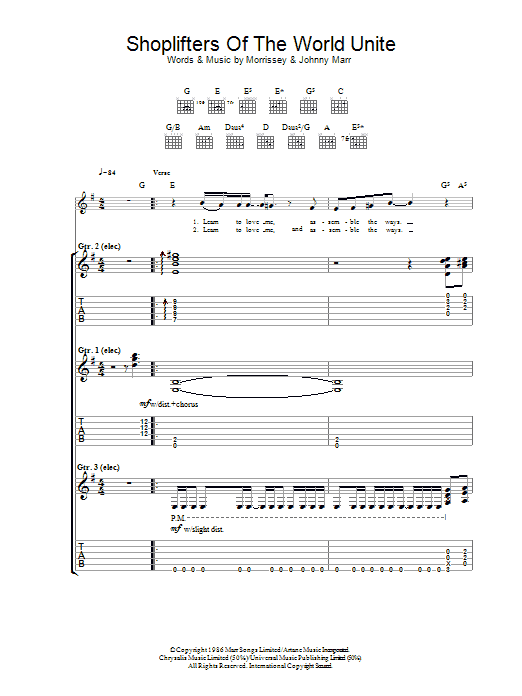 The Smiths Shoplifters Of The World Unite Sheet Music Notes & Chords for Guitar Tab - Download or Print PDF