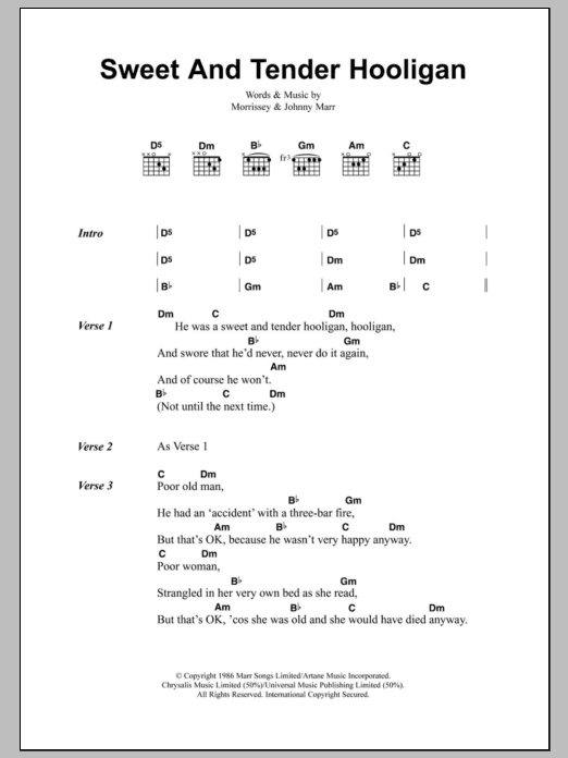 The Smiths Sweet And Tender Hooligan Sheet Music Notes & Chords for Lyrics & Chords - Download or Print PDF