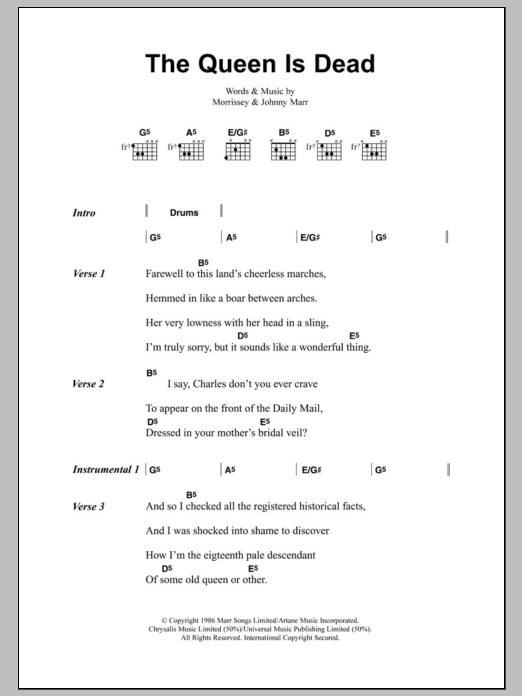 The Smiths The Queen Is Dead Sheet Music Notes & Chords for Lyrics & Chords - Download or Print PDF