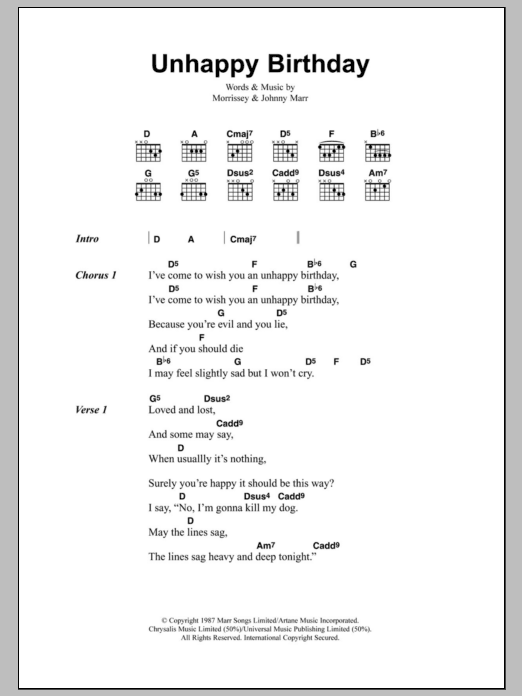 The Smiths Unhappy Birthday Sheet Music Notes & Chords for Lyrics & Chords - Download or Print PDF