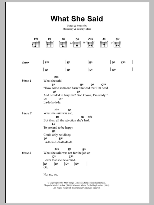 The Smiths What She Said Sheet Music Notes & Chords for Lyrics & Chords - Download or Print PDF