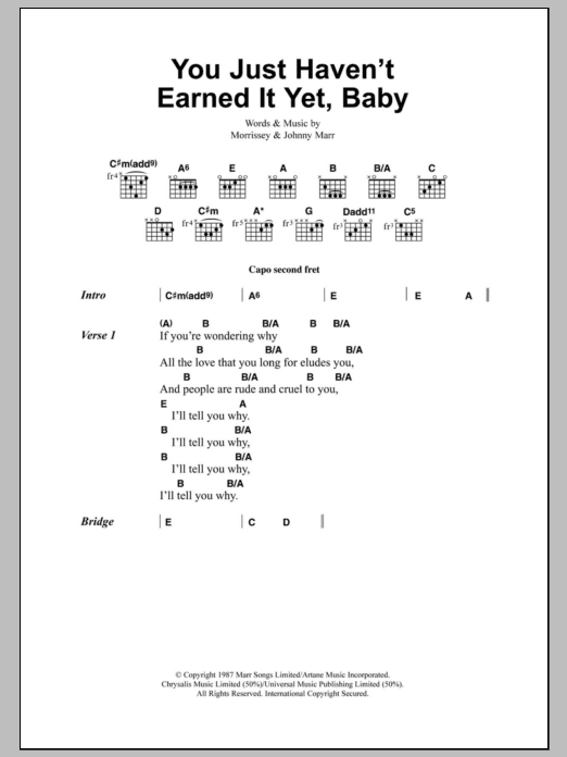 The Smiths You Just Haven't Earned It Yet, Baby Sheet Music Notes & Chords for Lyrics & Chords - Download or Print PDF