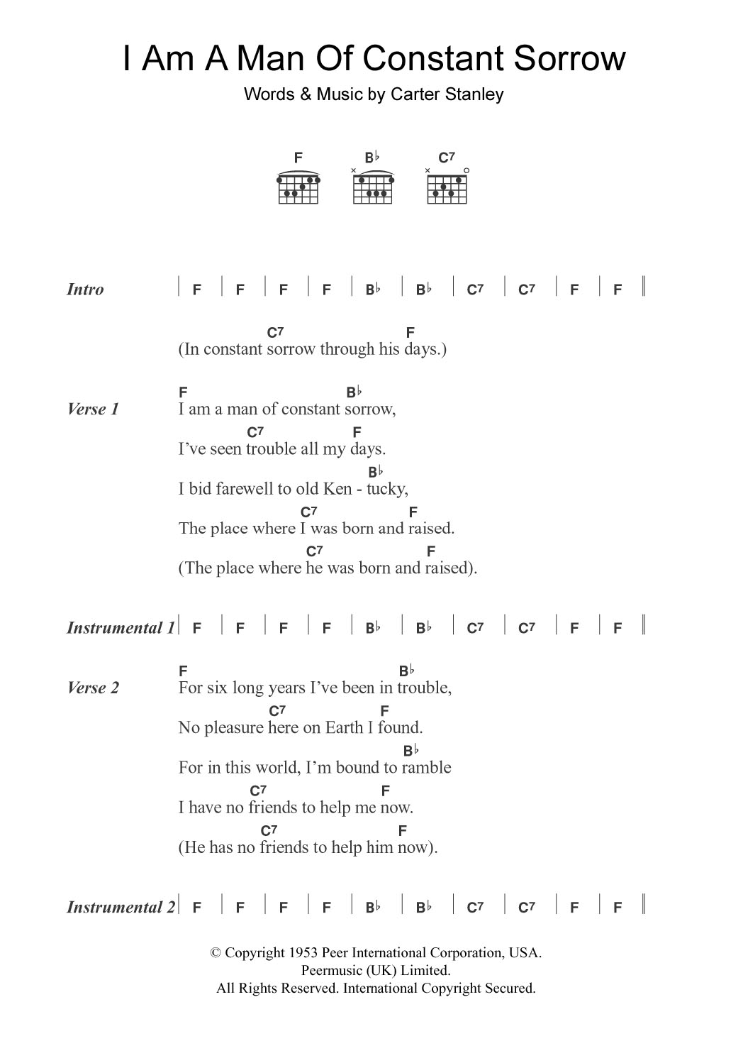 The Soggy Bottom Boys I Am A Man Of Constant Sorrow (from O Brother Where Art Thou?) Sheet Music Notes & Chords for Lyrics & Chords - Download or Print PDF