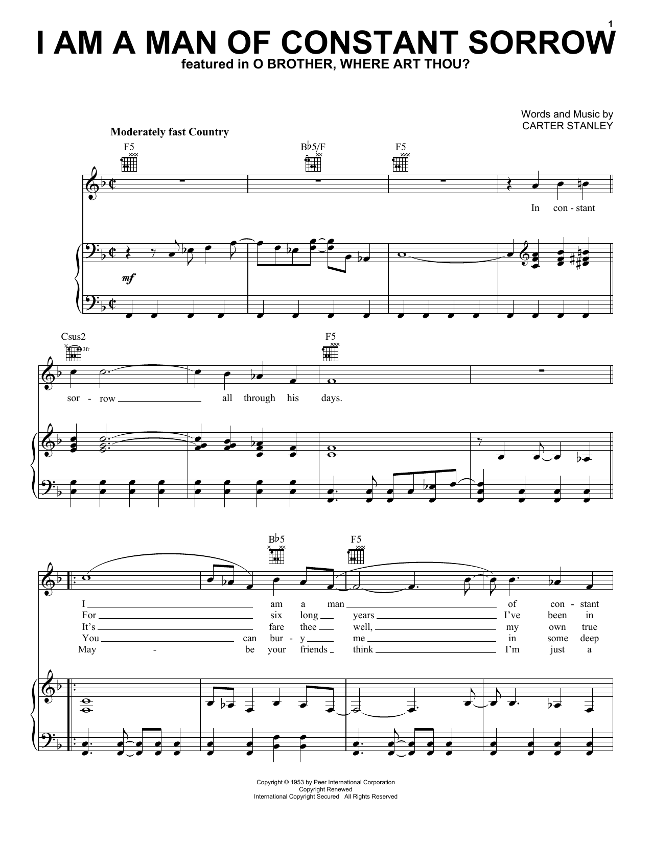 The Soggy Bottom Boys I Am A Man Of Constant Sorrow Sheet Music Notes & Chords for Melody Line, Lyrics & Chords - Download or Print PDF