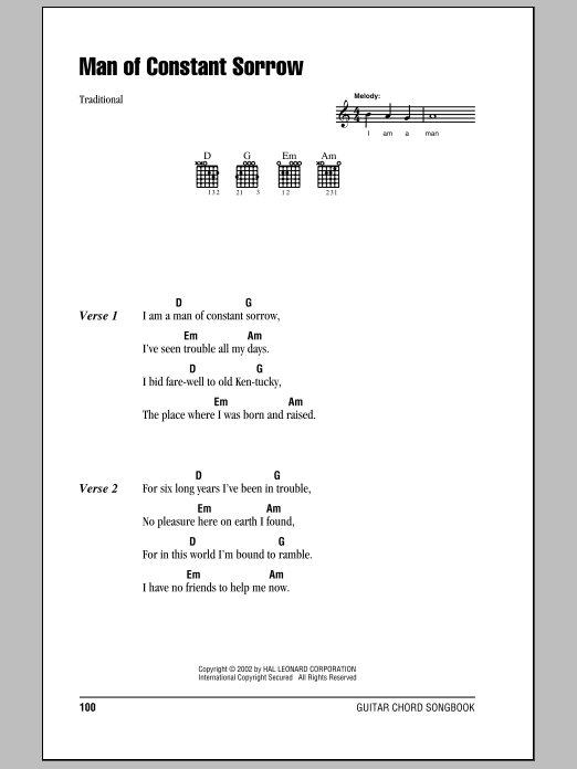 The Soggy Bottom Boys Man Of Constant Sorrow Sheet Music Notes & Chords for Lyrics & Chords - Download or Print PDF